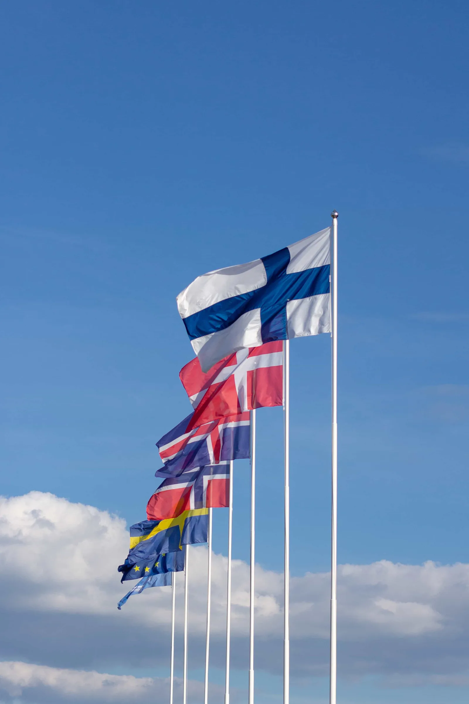 Nordic and European flags waving against a blue sky