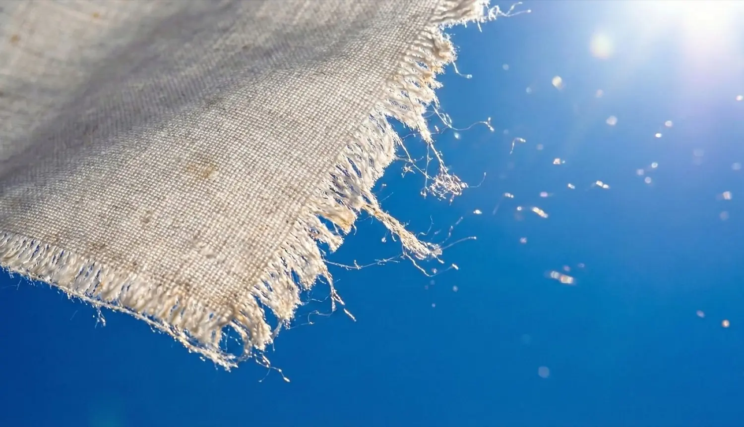 Frayed end of a polyester flag shedding loose fibres