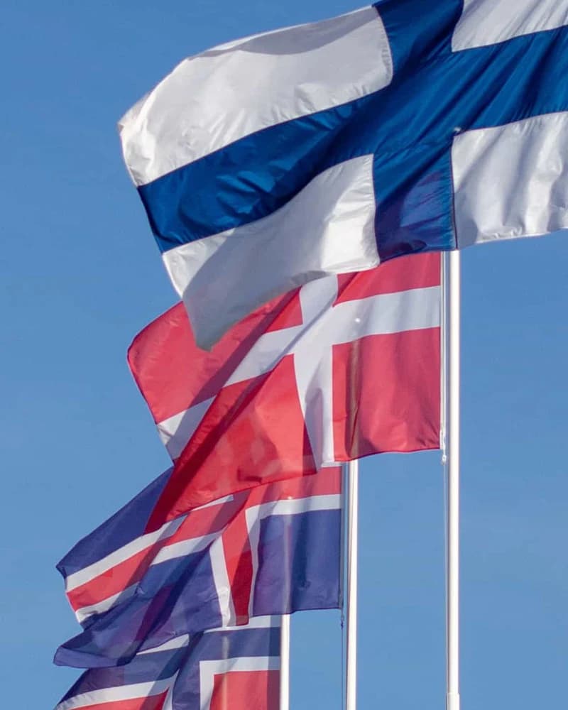 Deense vlag wappert in een rij Noordse vlaggen aan witte masten tegen een blauwe lucht