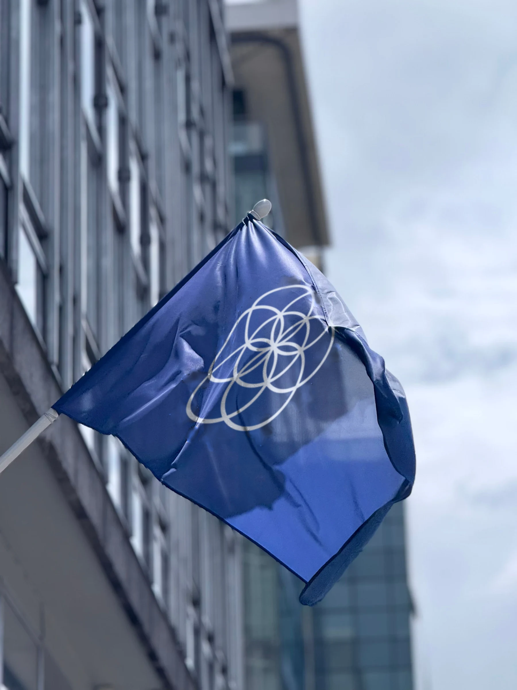 Earth Flag met verstrengelde witte ringen op blauw aan een gevelstok (digitale compositie)