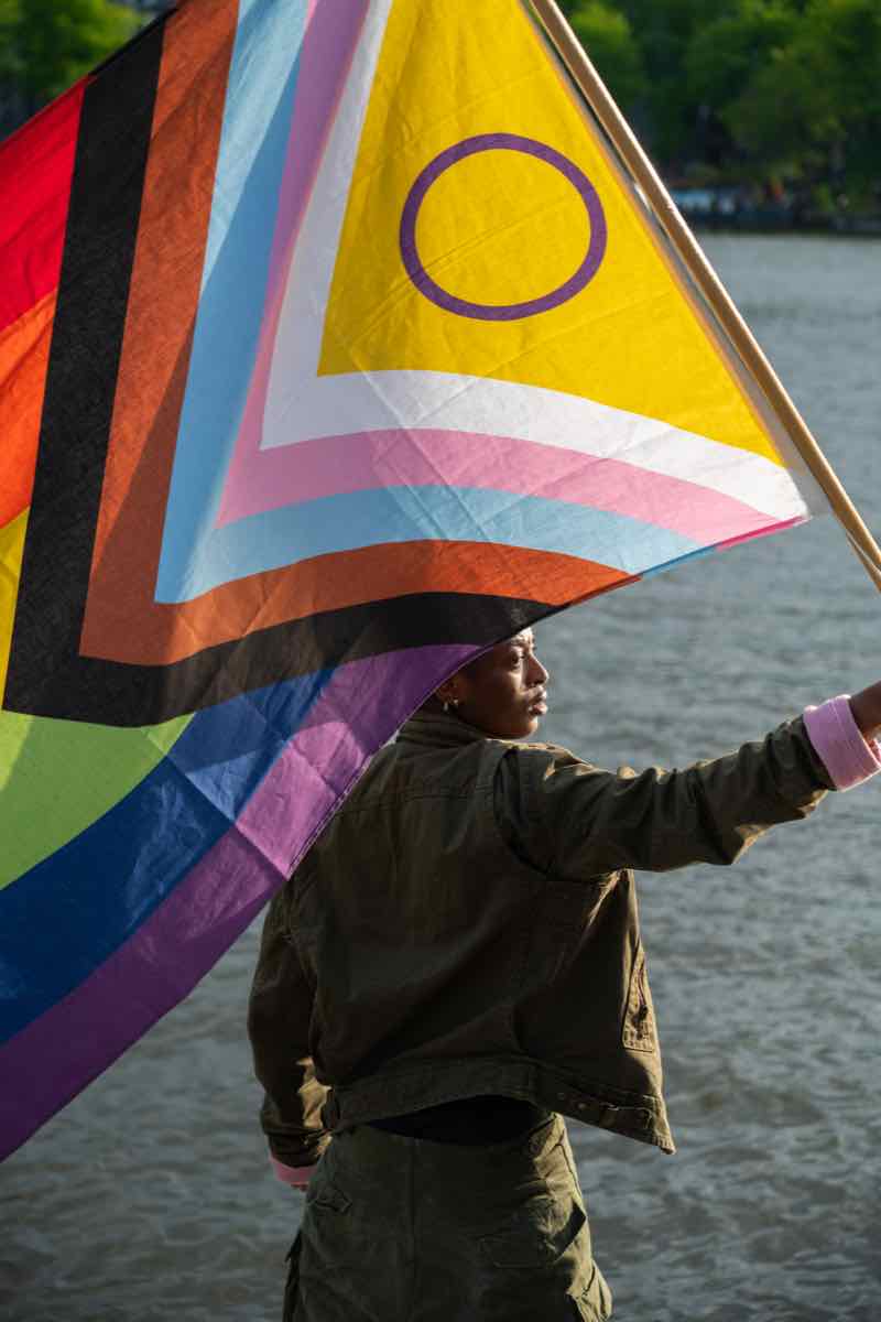 Close up of the Intersex Progress Pride flag in Hemptex, with the hemp fibre visible in the weave